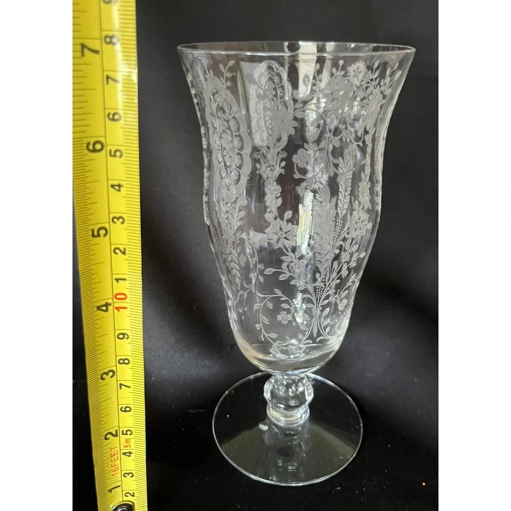Vintage Etched Floral Glass Goblet Clear Crystal Celery Vase7.5in